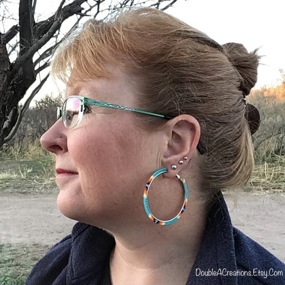 Turquoise Beaded 2” Hoops, New, Handmade by Me - Picture 3 of 3
